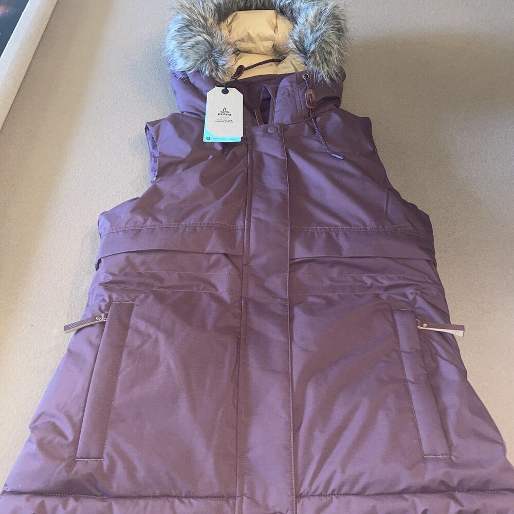Prana Banajaara Down Vest Womens XS Brown Hooded Faux Fur